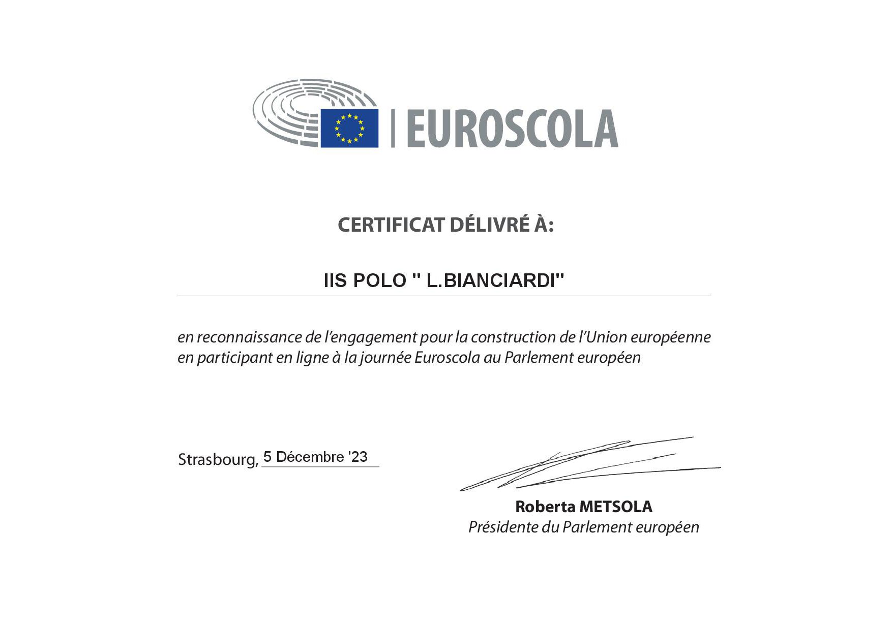 Euroscola certificat